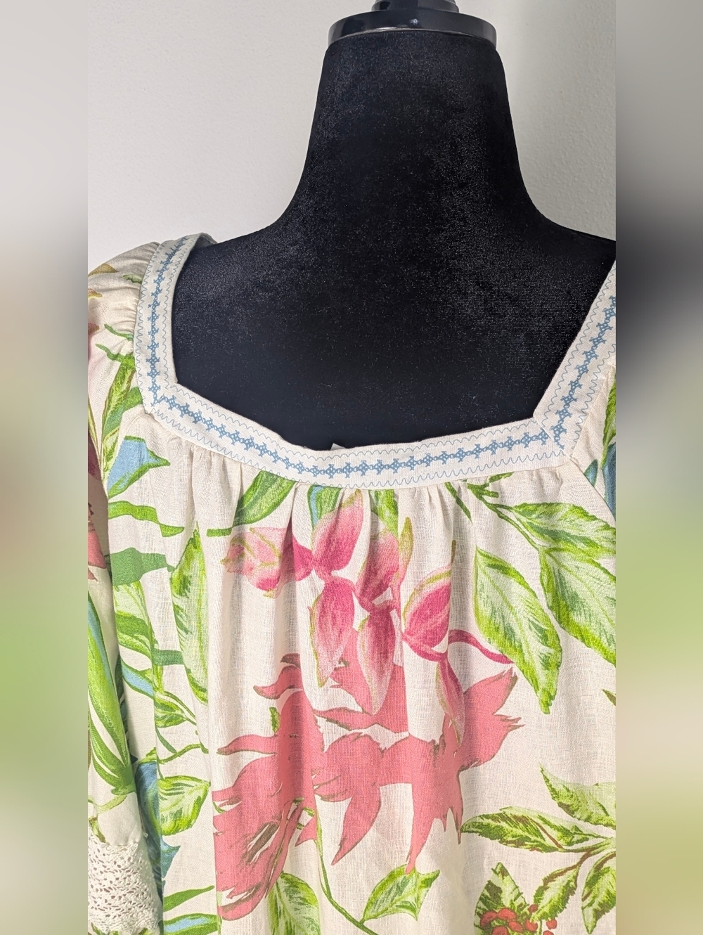 Nicole Miller Sz 1X Linen Blend Tropical Print 3/4 Puff Sleeve Lace Tunic Top - Picture 7 of 13